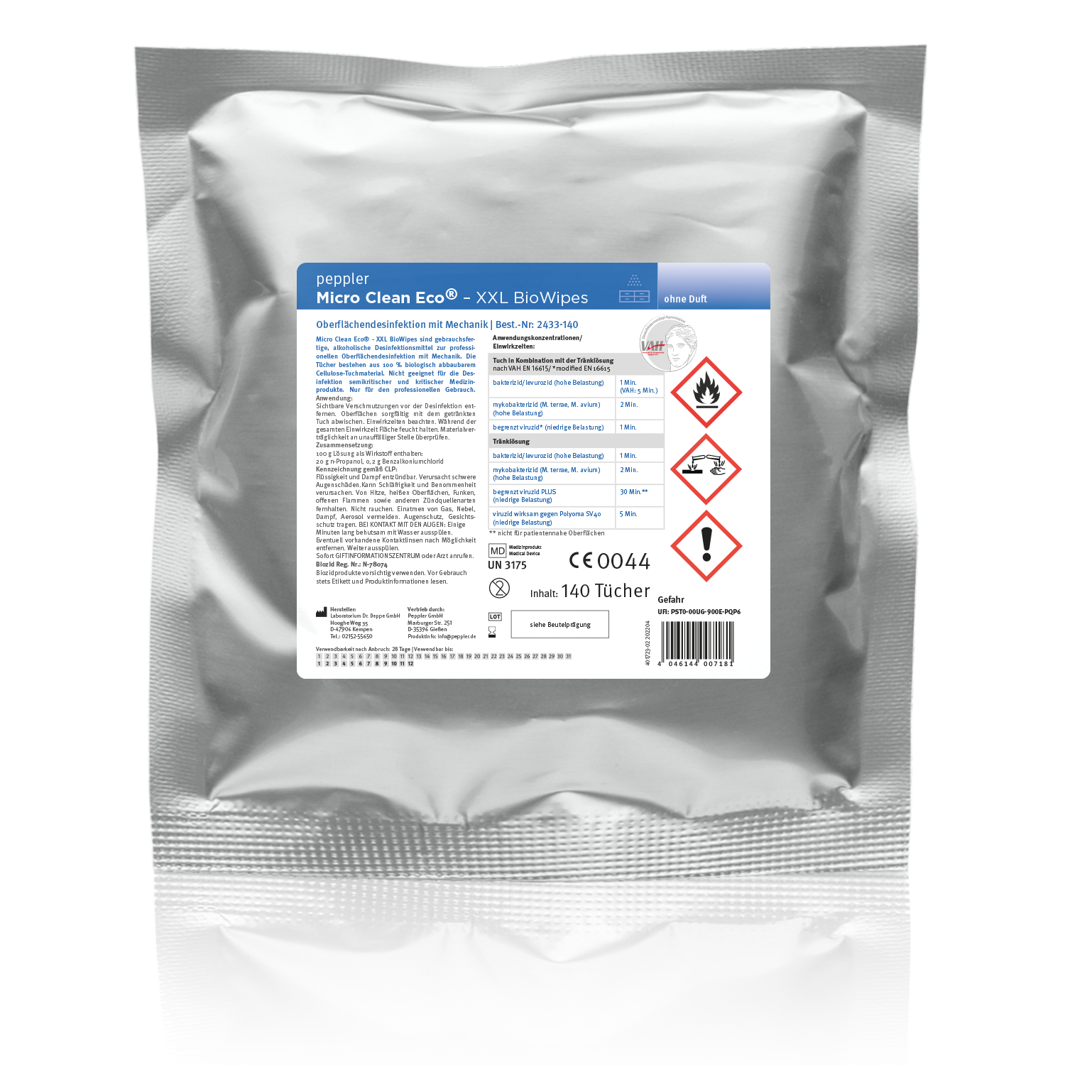 Micro Clean Eco - XXL Bio Wipes Gebrauchsfertige Desinfektionstücher, extra, 140 Blatt, medizinische Oberflächenreinigung