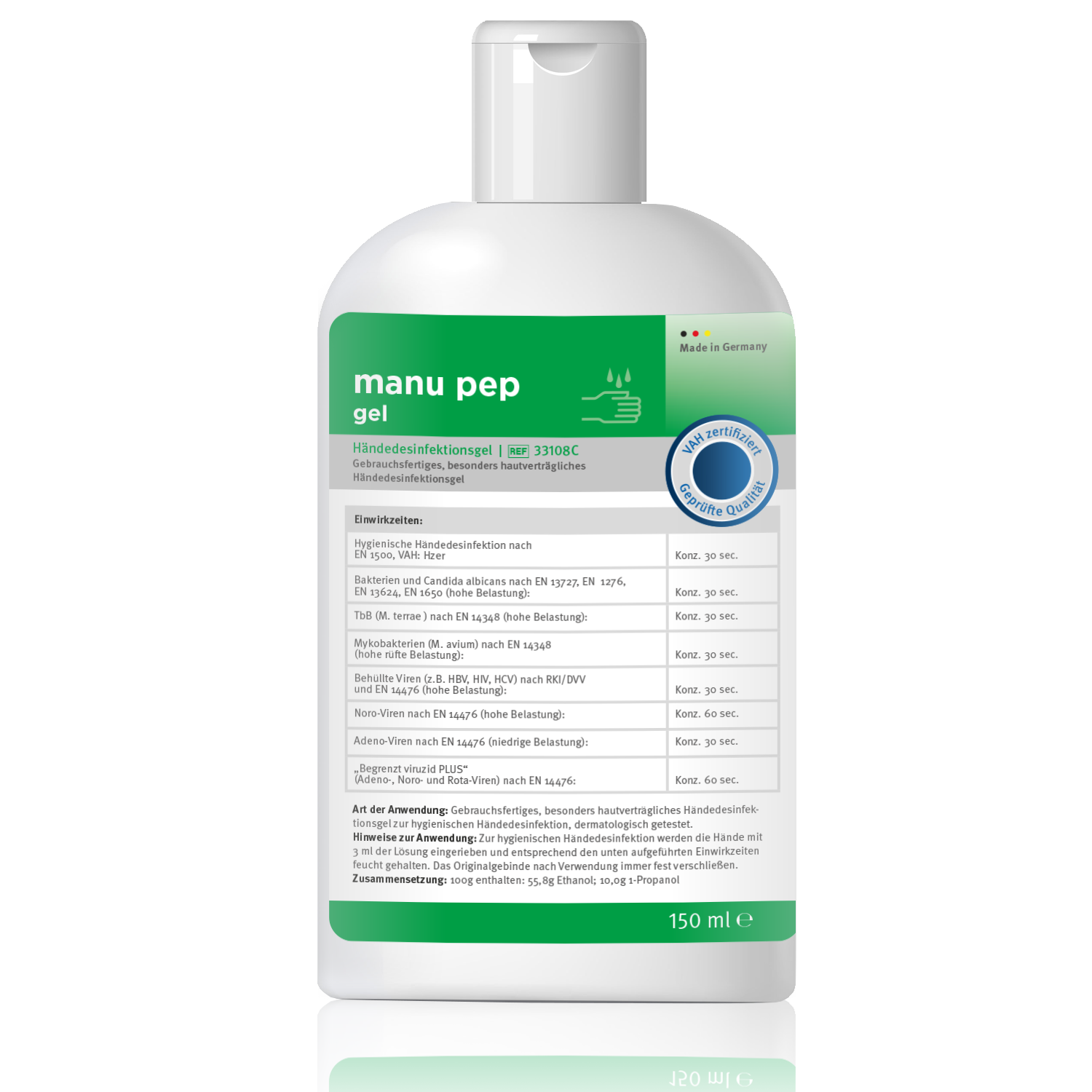 manu pep Gel, 150ml hygienische Haut- und Händedesinfektion, begrenzt viruzid PLUS