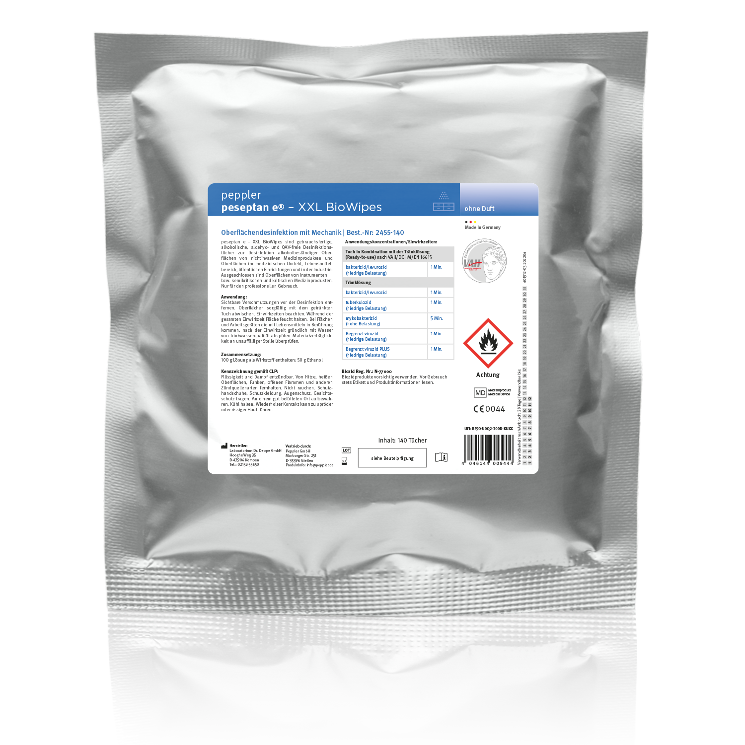Peseptan e XXL Bio Wipes 140 Desinfektionstücher, Virus-4-Felder-Test