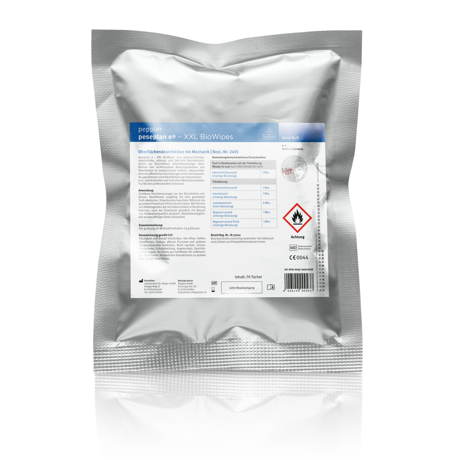 Peseptan e XXL Bio Wipes 70 Desinfektionstücher, Virus-4-Felder-Test