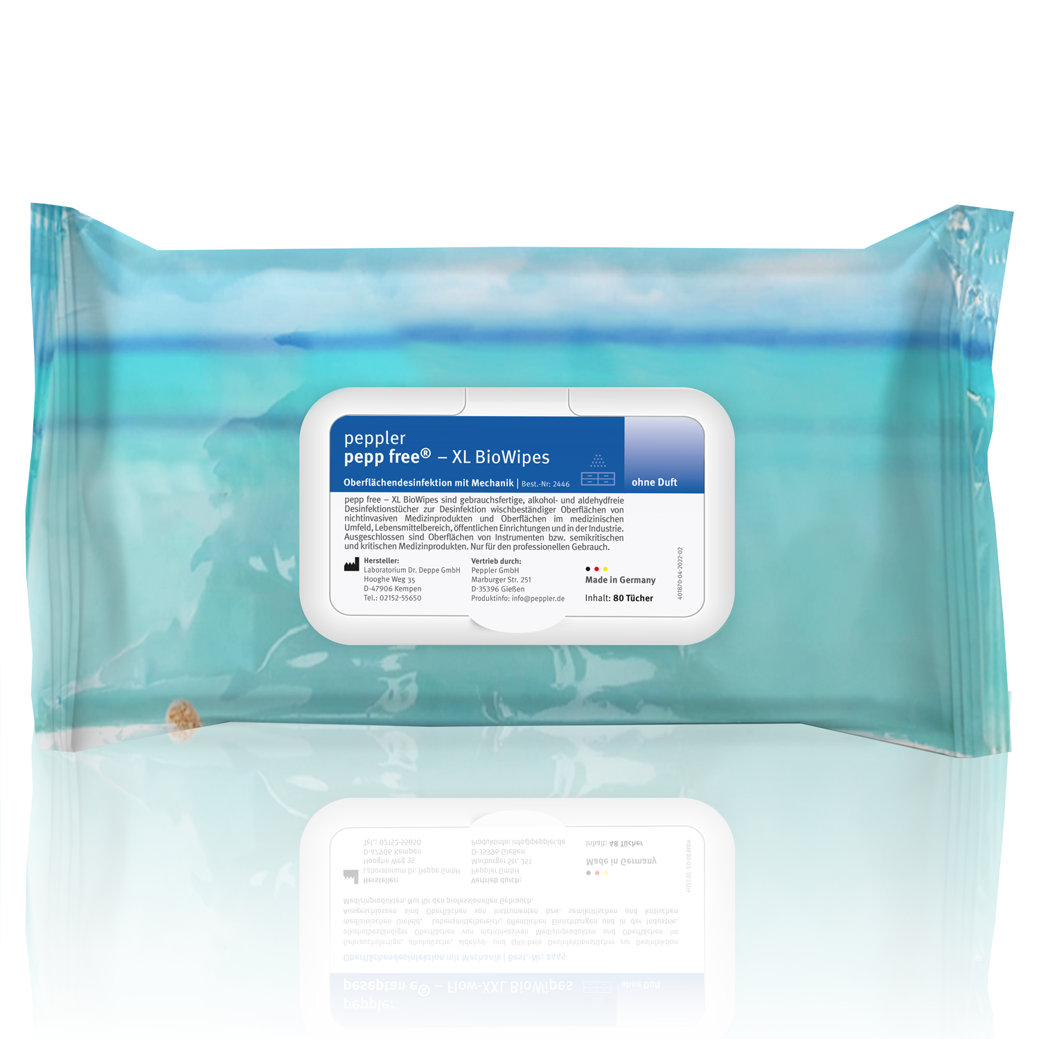 pepp free XL BioWipes 80 Desinfektionstücher, aldehydfrei, alkoholfrei, "Begrenzt viruzid PLUS", Virus-4-Felder-Test
